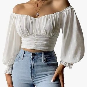 White Off The Shoulder Ribbed Puff Sleeve Blouse